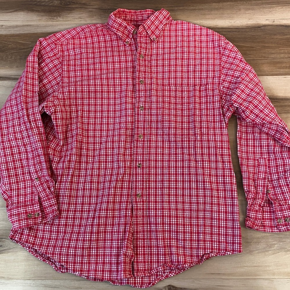 Lands End Shirt Mens Large Red White Plaid Cotton Button‎ Down Heavy Twill